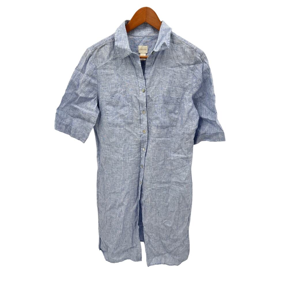 CHICO'S Blue Chambray 100% Linen Button Down Midi Tunic Dress Cover Up // S